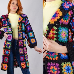 Granny Square Crochet Afghan Cardigan, Patchwork Wool Coat, Boho Black Sweater, Hooded Wool Cardigan, Boho Hippie Clothing, Gift for her