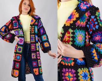 Granny Square Crochet Afghan Cardigan, Patchwork Wool Coat, Boho Black Sweater, Hooded Wool Cardigan, Boho Hippie Clothing, Gift for her