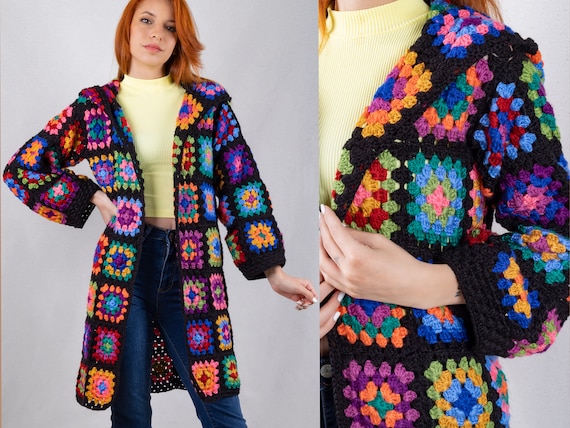 Granny Square Crochet Afghan Cardigan Patchwork Wool Coat - Etsy