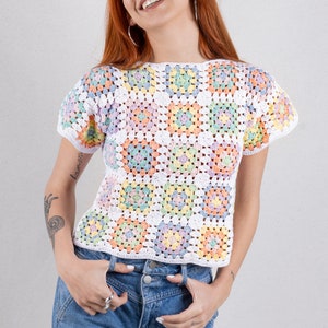 Crop Top in Pastel Colors, Crochet Boho Top, Cotton Patchwork Shirt, Granny Square Afghan Sweater, Boho Women's Clothing, Crochet Blouse image 3