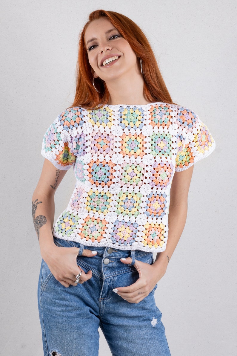 Crop Top in Pastel Colors, Crochet Boho Top, Cotton Patchwork Shirt, Granny Square Afghan Sweater, Boho Women's Clothing, Crochet Blouse image 3