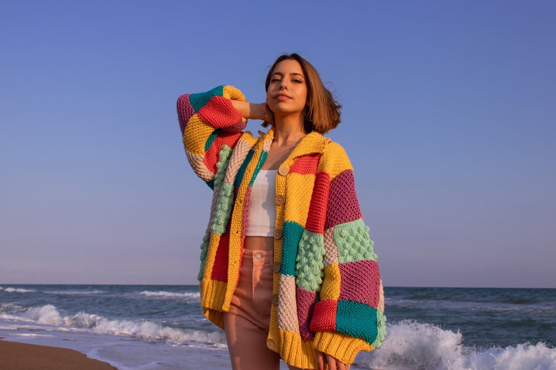 Harry Styles Inspired Cardigan, Colour Block Patchwork Cardigan, Knit Rainbow Sweater, Multicolour Oversized Cardigan, Harry Styles Sweater image 1