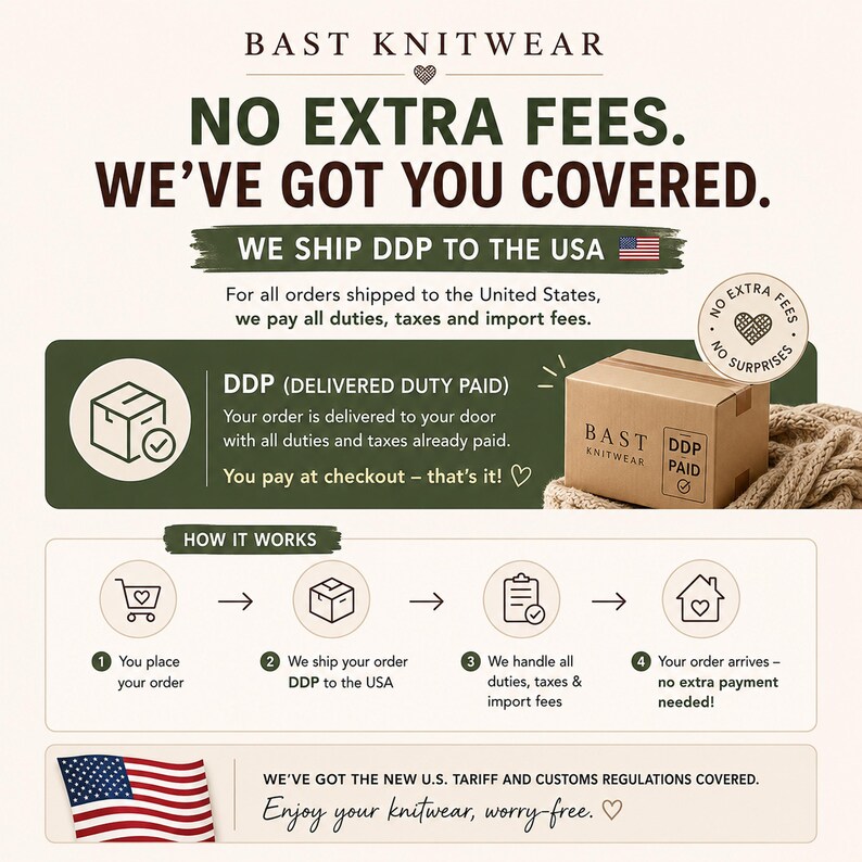 Puede incluir: Un gr&aacute;fico informativo de Bast Knitwear que explica el env&iacute;o DDP a EE. UU. Incluye una caja de cart&oacute;n marr&oacute;n, un icono de la bandera de EE. UU. y un diagrama de cuatro pasos. El texto dice: NO EXTRA FEES. WE'VE GOT YOU COVERED. WE SHIP DDP TO THE USA.