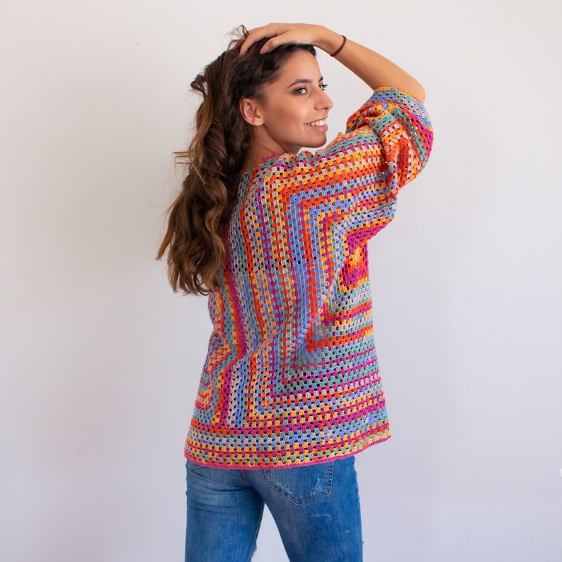 Hand Knit Cardigan for Women, Colorful Knit Sweater, Oversized Cardigan, Womens Knitwear, Crochet Cardigan, Granny Sqaure Crochet Jacket image 4