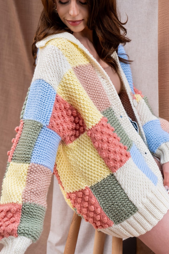 O Project カーディガン chunky knitted cardigan Chunky Knit Patchwork Cardigan: Colorful Boho Mercerized