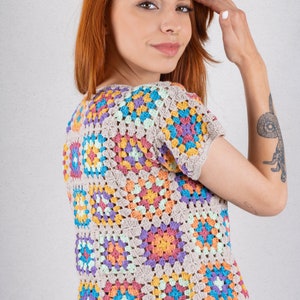 Crop Top in Pastel Colors, Crochet Boho Top, Cotton Patchwork Shirt, Granny Square Afghan Sweater, Boho Women's Clothing, Crochet Blouse Beige with Pastel C.
