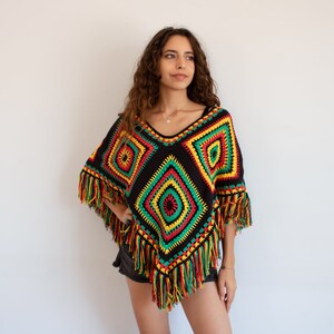 Crochet Rasta Poncho, Rasta Clothing, Hand Knitted Jamaican Poncho
