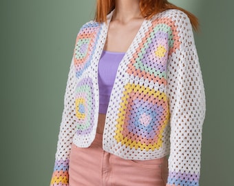 Crochet Cotton Cardigan for Women, Boho Cardigan, Cropped Jacket, Knitted Sweater, Patchwork Cardigan, Granny Square Jacket, Gift for her