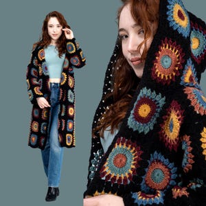 Granny Square Crochet Patchwork Cardigan: Boho Hooded Wool Sweater