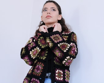 Granny Square Crochet Cardigan, Patchwork Jacket, Afghan Coat, Granny Square Sweater, Crochet Cardigan Women, Hand Knit Wool Cardigan