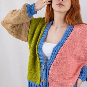 Knit Cotton Cardigan, Multi Color Patckwork Jacket, Chunky Cardigan, Colorful Crop Cardigan, V-Neck Sweater, Summer Carigan, Gift for her image 4