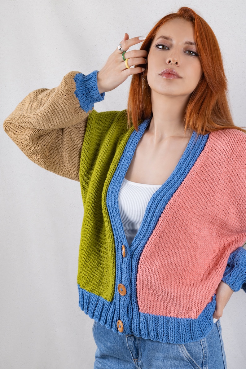 Knit Cotton Cardigan, Multi Color Patckwork Jacket, Chunky Cardigan, Colorful Crop Cardigan, V-Neck Sweater, Summer Carigan, Gift for her image 4