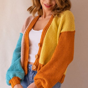 Knit Colorful Cardigan for Women, Cotton Cardigan, Knit V-Neck Sweater, Multi Color Patckwork Jacket, Chunky Cropped Cardigan, Gift for her image 9