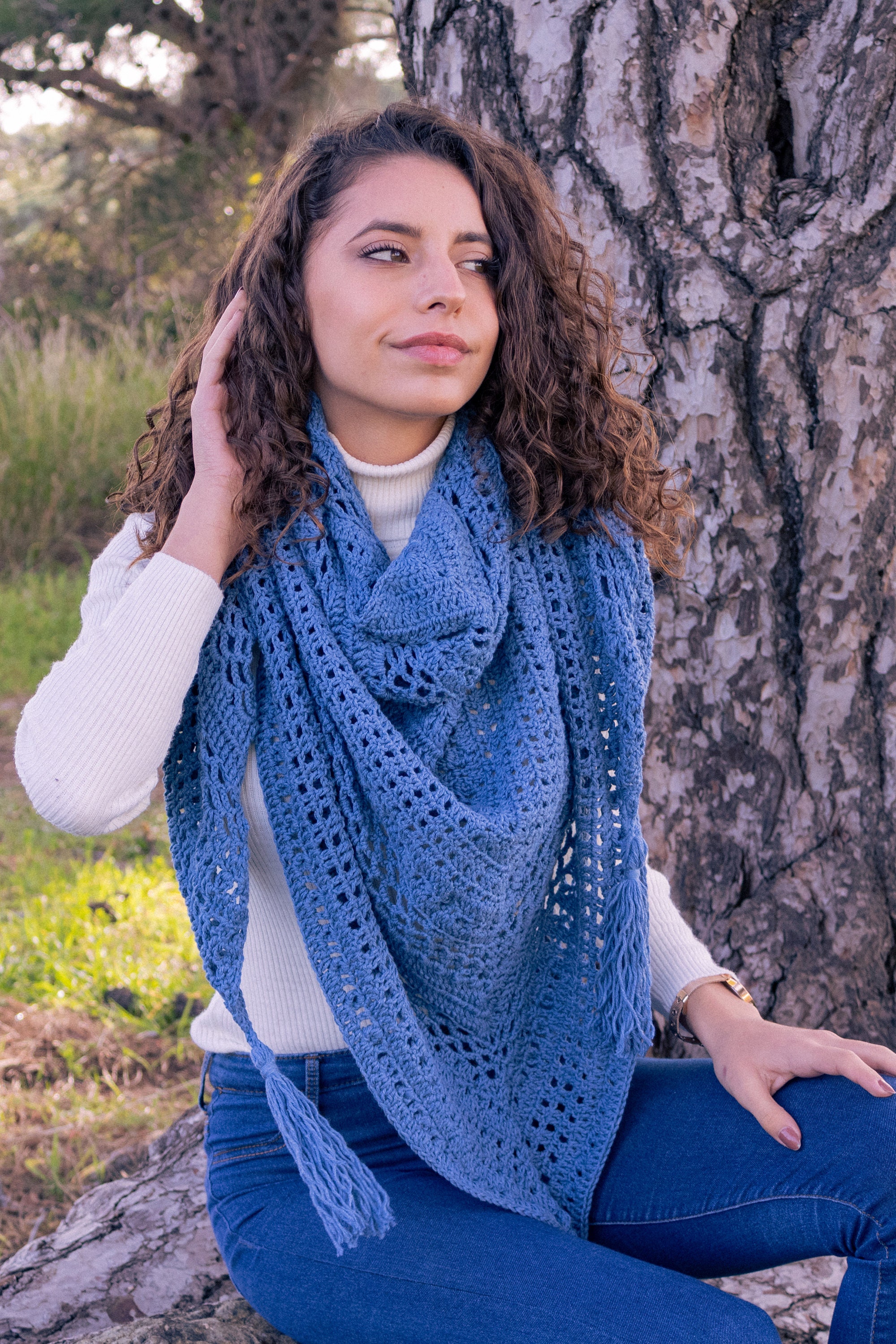 Handmade Crochet Cotton Shawl: Blue Knit Triangle Wrap - Etsy 日本