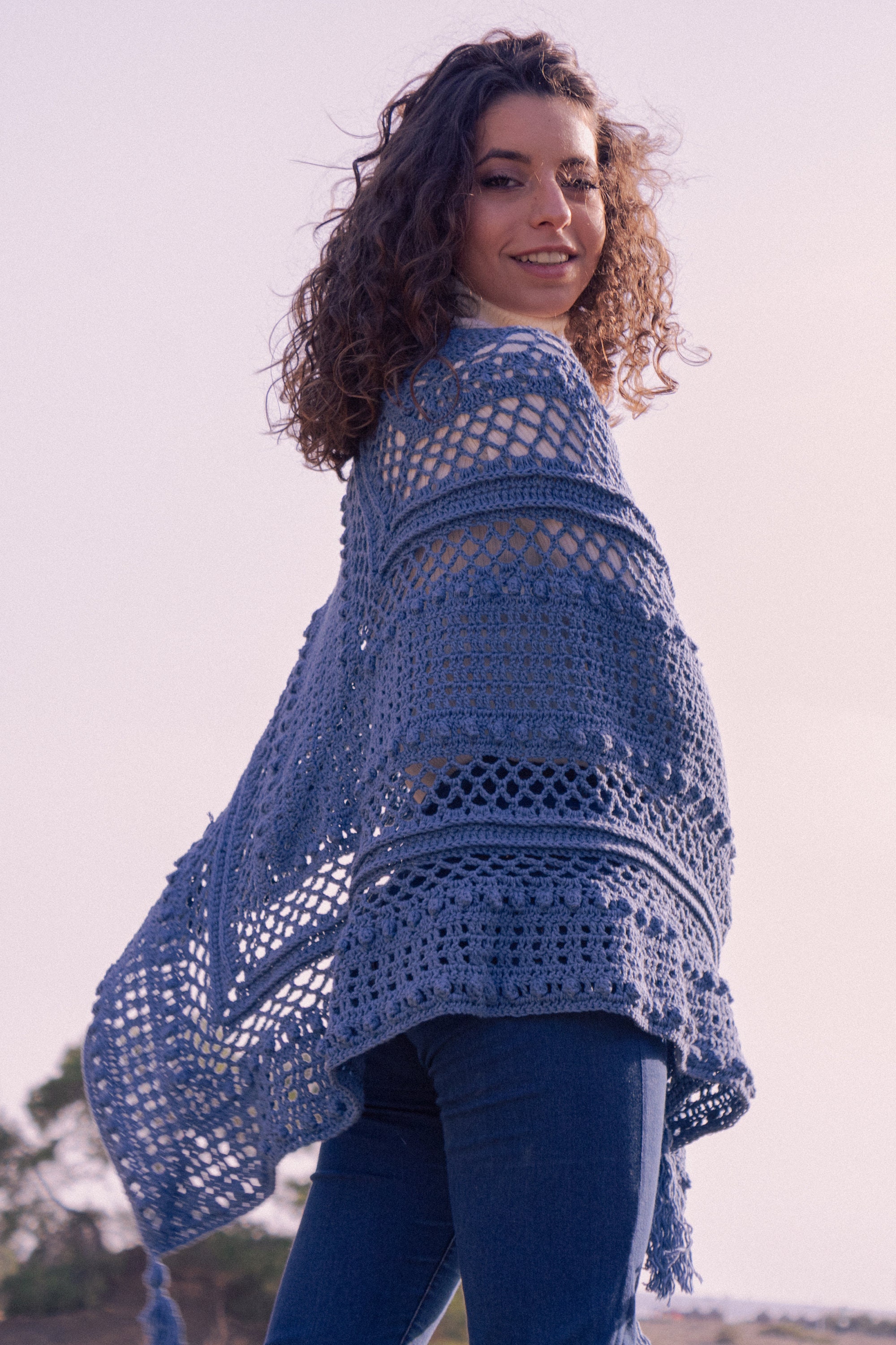 Handmade Crochet Cotton Shawl: Blue Knit Triangle Wrap - Etsy 日本