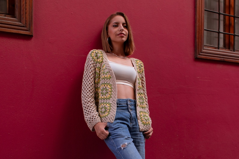 Crochet Cotton Cardigan for Women, Boho Cardigan, Cropped Jacket, Knitted Sweater, Patchwork Cardigan, Granny Square Jacket, Gift for her image 9