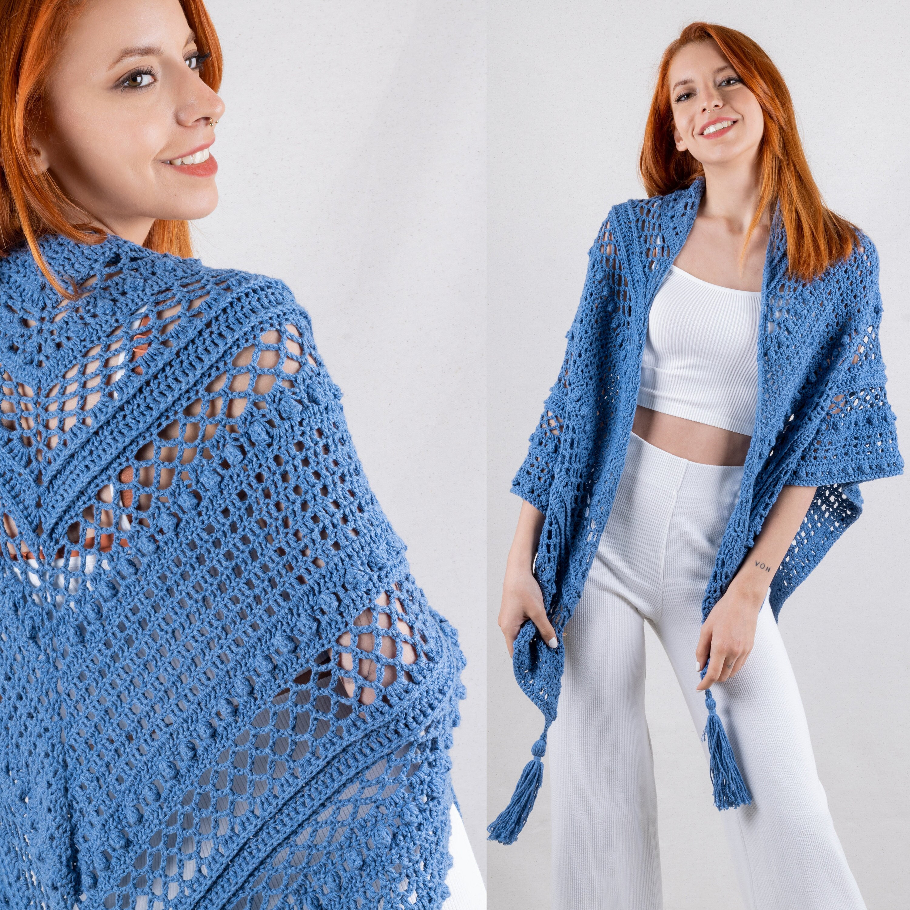 ★crochet★hand made knit★ショール Handmade Crochet Cotton Shawl: Blue Knit Triangle Wrap - Etsy 日本