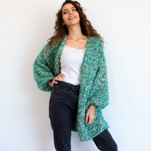 Chunky Knit Cardigan, Chunky Wool Sweater, Oversized Long Cardigan, Hand Knitted Sweater, Green Wool Cardigan, Knit Coat, Christmas Gift image 2