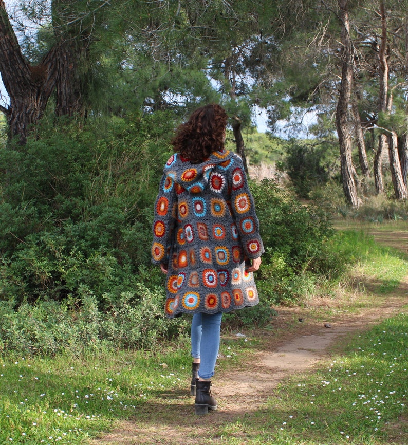 Granny Square Afghan Coat, Patchwork Jacket, Boho Crochet Coat, Granny Square Crochet Cardigan, Oversized Wool Sweater, Long Hooded Coat image 6