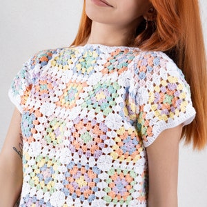 Crop Top in Pastel Colors, Crochet Boho Top, Cotton Patchwork Shirt, Granny Square Afghan Sweater, Boho Women's Clothing, Crochet Blouse White w. Soft Colors