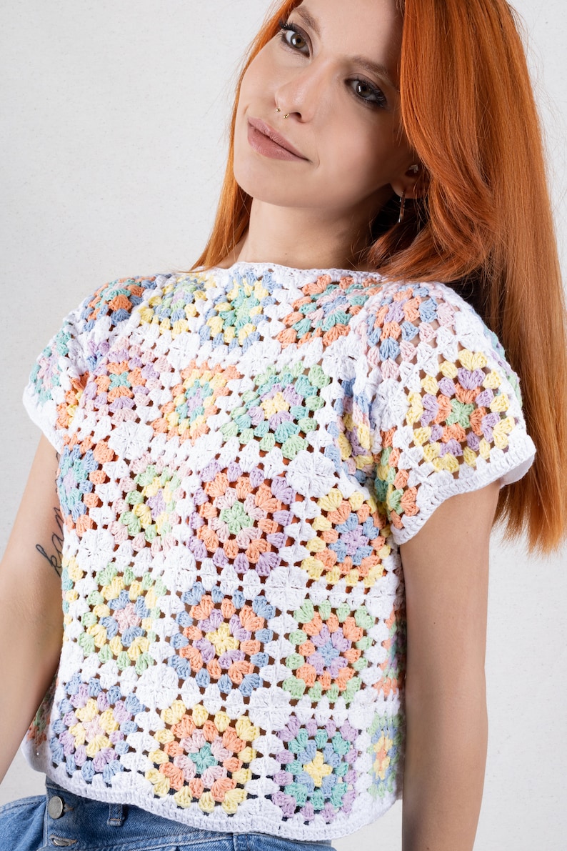 Crop Top in Pastel Colors, Crochet Boho Top, Cotton Patchwork Shirt, Granny Square Afghan Sweater, Boho Women's Clothing, Crochet Blouse White w. Soft Colors