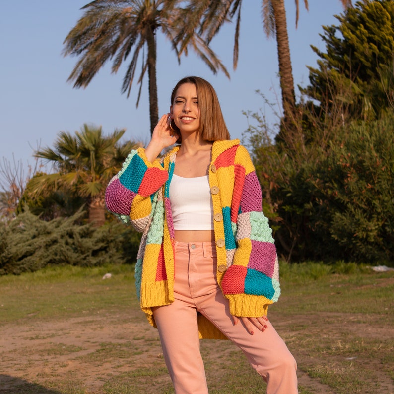 Harry Styles Inspired Cardigan, Colour Block Patchwork Cardigan, Knit Rainbow Sweater, Multicolour Oversized Cardigan, Harry Styles Sweater image 3