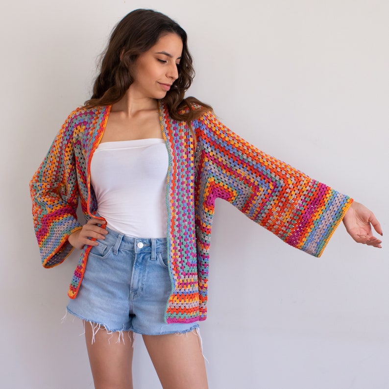 Hand Knit Cardigan for Women, Colorful Knit Sweater, Oversized Cardigan, Womens Knitwear, Crochet Cardigan, Granny Sqaure Crochet Jacket image 3