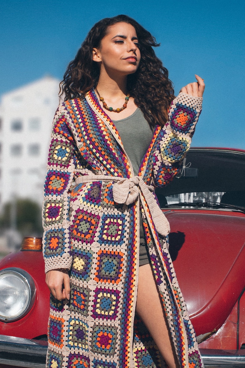 Granny Square Afghan Coat Patchwork Hippie Jacket Long Knit Etsy