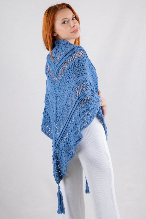 Handmade Crochet Cotton Shawl: Blue Knit Triangle Wrap - Etsy 日本