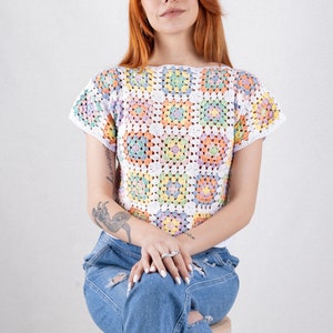 Crop Top in Pastel Colors, Crochet Boho Top, Cotton Patchwork Shirt, Granny Square Afghan Sweater, Boho Women's Clothing, Crochet Blouse image 2