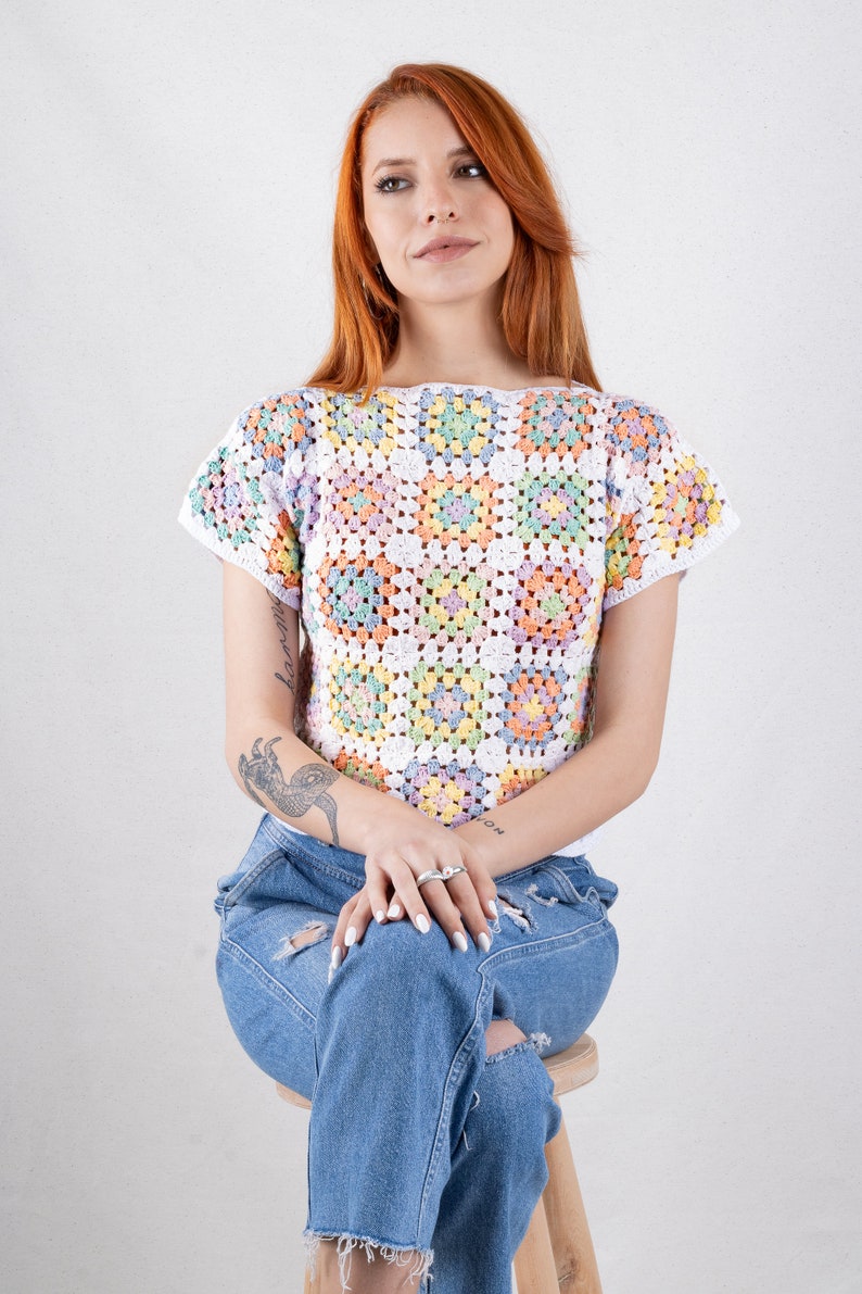Crop Top in Pastel Colors, Crochet Boho Top, Cotton Patchwork Shirt, Granny Square Afghan Sweater, Boho Women's Clothing, Crochet Blouse image 2