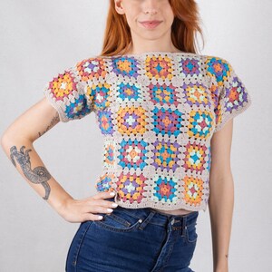 Crop Top in Pastel Colors, Crochet Boho Top, Cotton Patchwork Shirt, Granny Square Afghan Sweater, Boho Women's Clothing, Crochet Blouse image 7