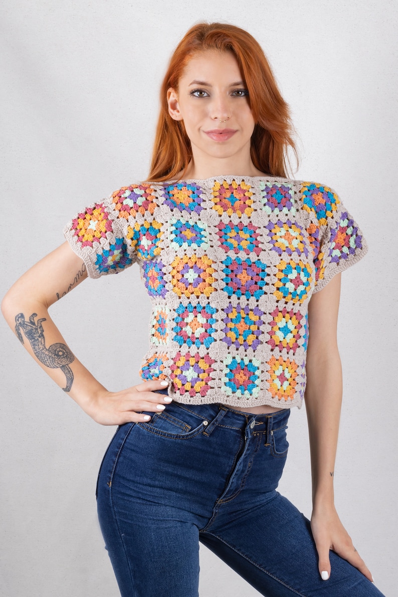 Crop Top in Pastel Colors, Crochet Boho Top, Cotton Patchwork Shirt, Granny Square Afghan Sweater, Boho Women's Clothing, Crochet Blouse image 7