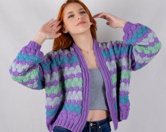 Knit Cotton Cardigan for Women, Multi Color Patchwork Jacket, Chunky Knit Cardigan, Colorful Sweater, Boho Cardigan, Gift for her