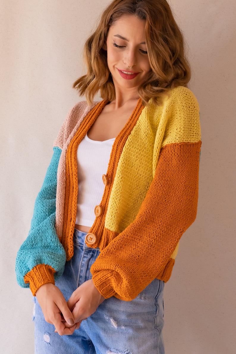 Knit Colorful Cardigan for Women, Cotton Cardigan, Knit V-Neck Sweater, Multi Color Patckwork Jacket, Chunky Cropped Cardigan, Gift for her image 2