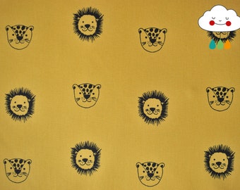 Cotton fabric, Popeline, mustard yellow, lion, tiger