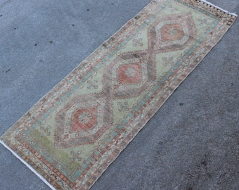 Old Antique Decorative Wool Corridor Rug, Handmade Low Pile Muted Runner Rug, Anatolian Vintage Green Blue Runner Rug, Faded 9x3 Rug Runner