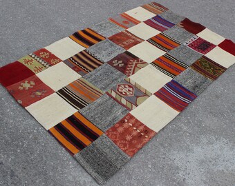 Patchwork Kilim Traditional Turkish Rug,Small Size Colorfull Decorative Rug,Handmade Checkered Design Bathroom Rug,Vintage Kilim Rug