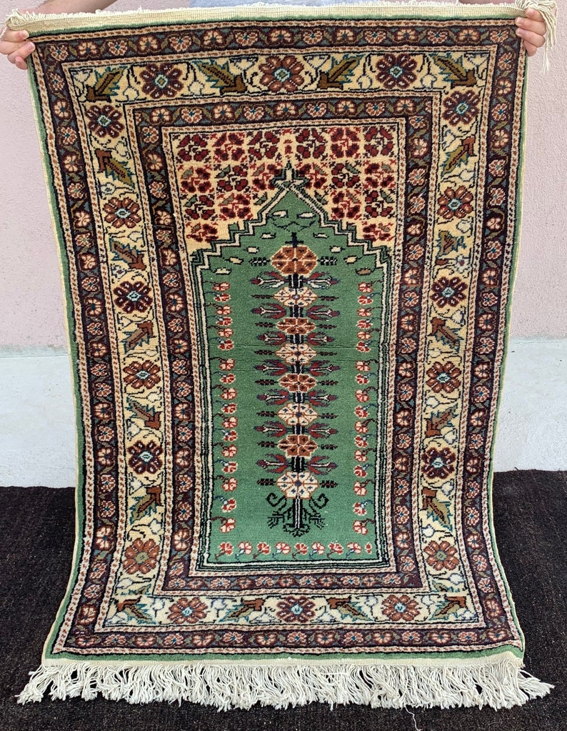 Small Size Anatolian Handknotted Rug,Decorative Vintage Bordered Design Rug,Bohemian Primitive Old Rug,Wool Traditional Low Pile Carpet Rug