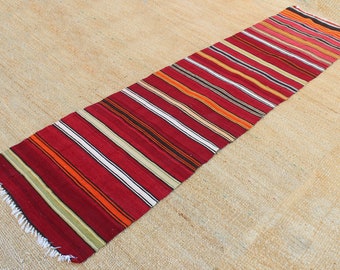 Striped Pattern Colorful Kilim Runner Rug, Anatolian Handwoven Corridor Rug, Vintage Wool Entrance Runner Rug, Decorative Hallway Kilim Rug