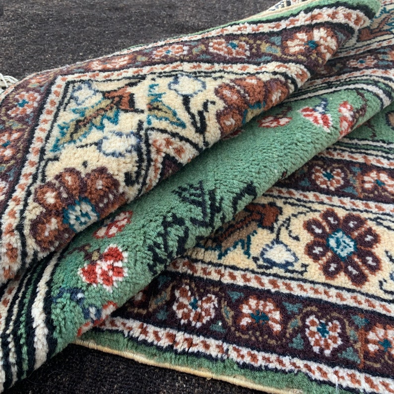 Small Size Anatolian Handknotted Rug,Decorative Vintage Bordered Design Rug,Bohemian Primitive Old Rug,Wool Traditional Low Pile Carpet Rug