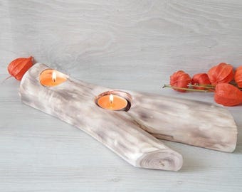 Candelabro rústico de madera, centro de mesa con 2 velas de té