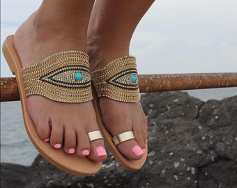 Evil Eye Leather Sandals, Gold Crystal Chain Greek Sandals