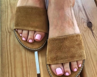 Suede leather flats, leather slides,suede slippers,tobacco brown leather, greek sandals