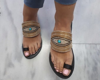 Black Leather Evil Eye Sandals, Gold Crystal Embellished, Greek Sandals