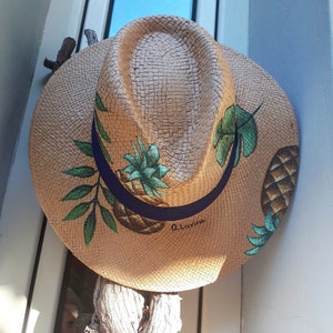 Handpainted panama hat, handmade hat, greek straw hat, beige hat, pineapple hat