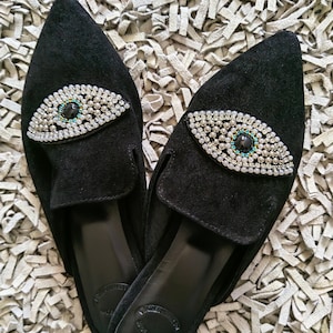 Mules de ante con forma de ojo turco, pantuflas griegas