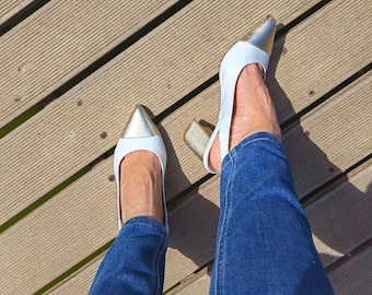 Hochzeitsschuhe, weiße Pumps, Leder, weiß Gold Slingback, Frauen Mitte Block Heels, raffinierte spitze Zehenschuhe, verschiedene Anlässe Sandaletten