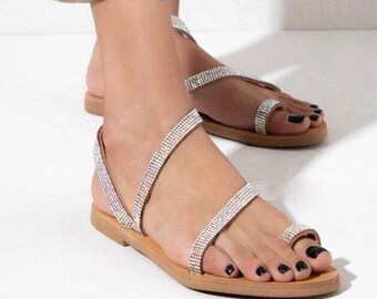 Griekse kristallen leren sandalen, strass bandjes, platte pantoffels