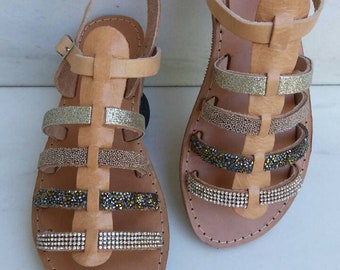 Crystal leather sandals, strass gladiators, greek leather gladiator sandals, greek genuine leather sandals, crystal gladiators